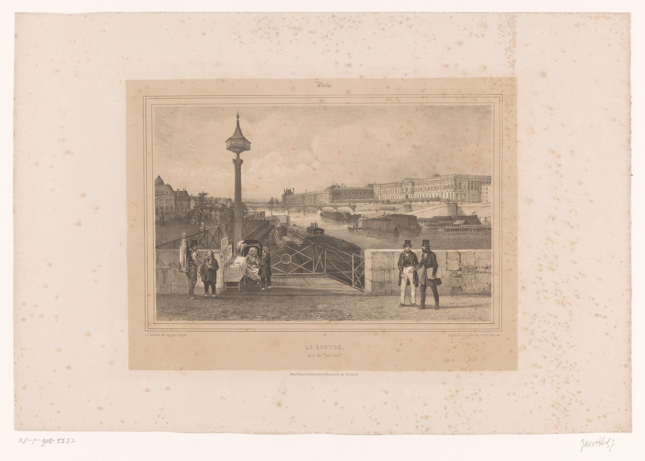 Udsigt over Palais du Louvre fra Pont Neuf Le Louvre, pris du Pont-neuf (titel på objekt) Ansigter i og omkring Paris (serietitel) Paris (serietitel på objekt) af Louis Julien Jacottet
