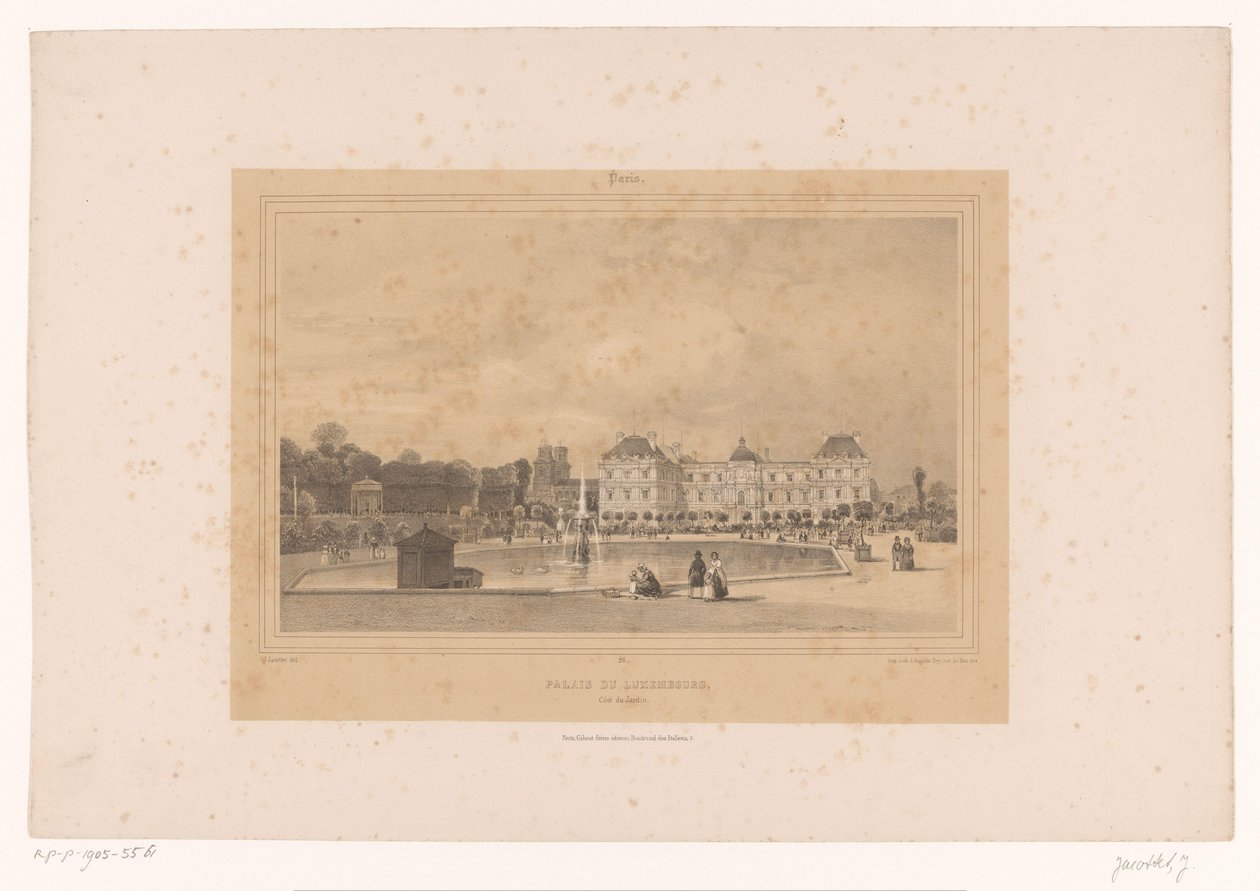 Udsigt over Luxembourg-paladset fra Jardin du Luxembourg Palais du Luxembourg, Côté du Jardin (titel på objektet) Gezichten in en om Paris (serietitel) Paris (serietitel på objekt) af Louis Julien Jacottet