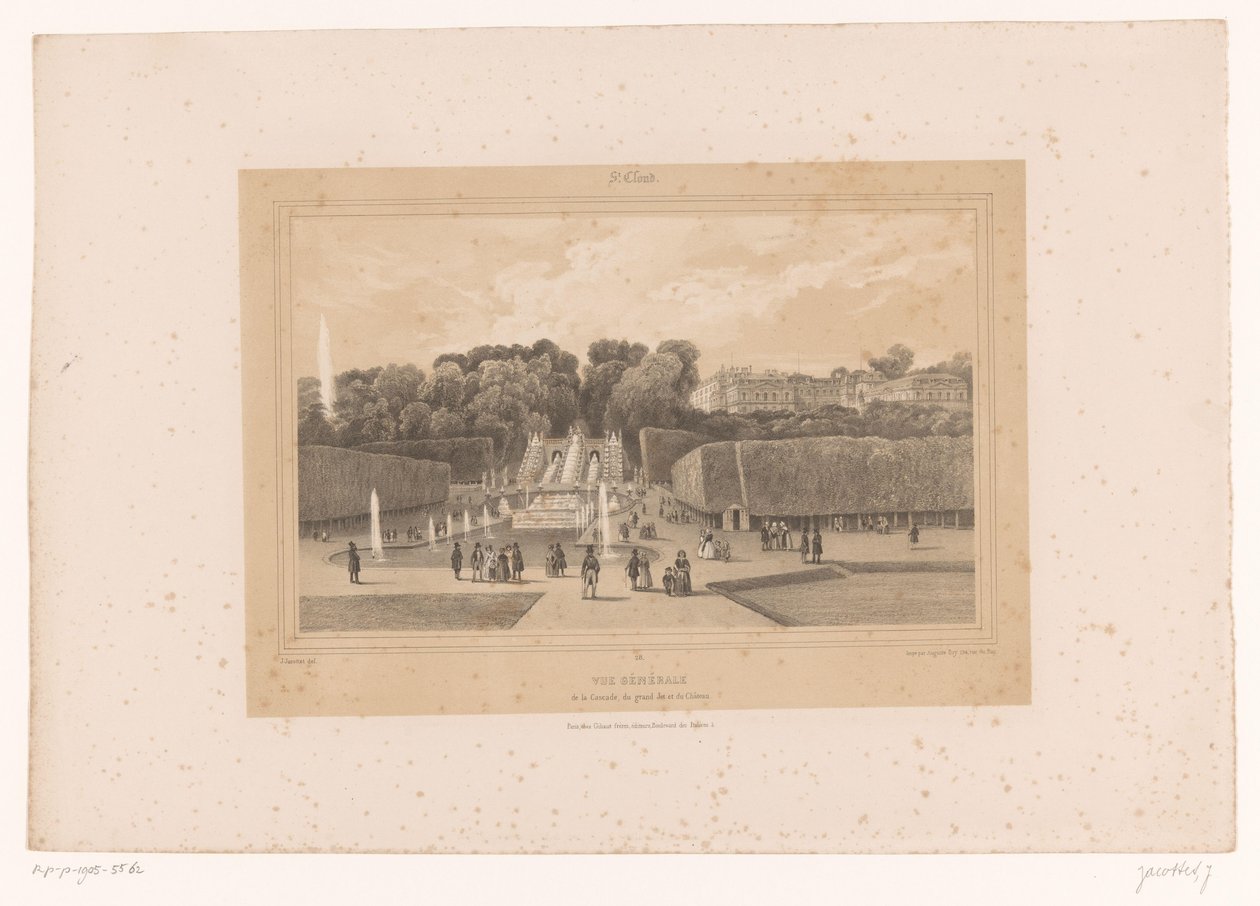 Udsigt over slottet Saint-Cloud i parken Saint-Cloud Vue generale de la Cascade, du grand Jet et du Château (titel på objekt) Ansigter i og omkring Paris (serietitel) St. Cloud (serietitel på objekt) af Louis Julien Jacottet