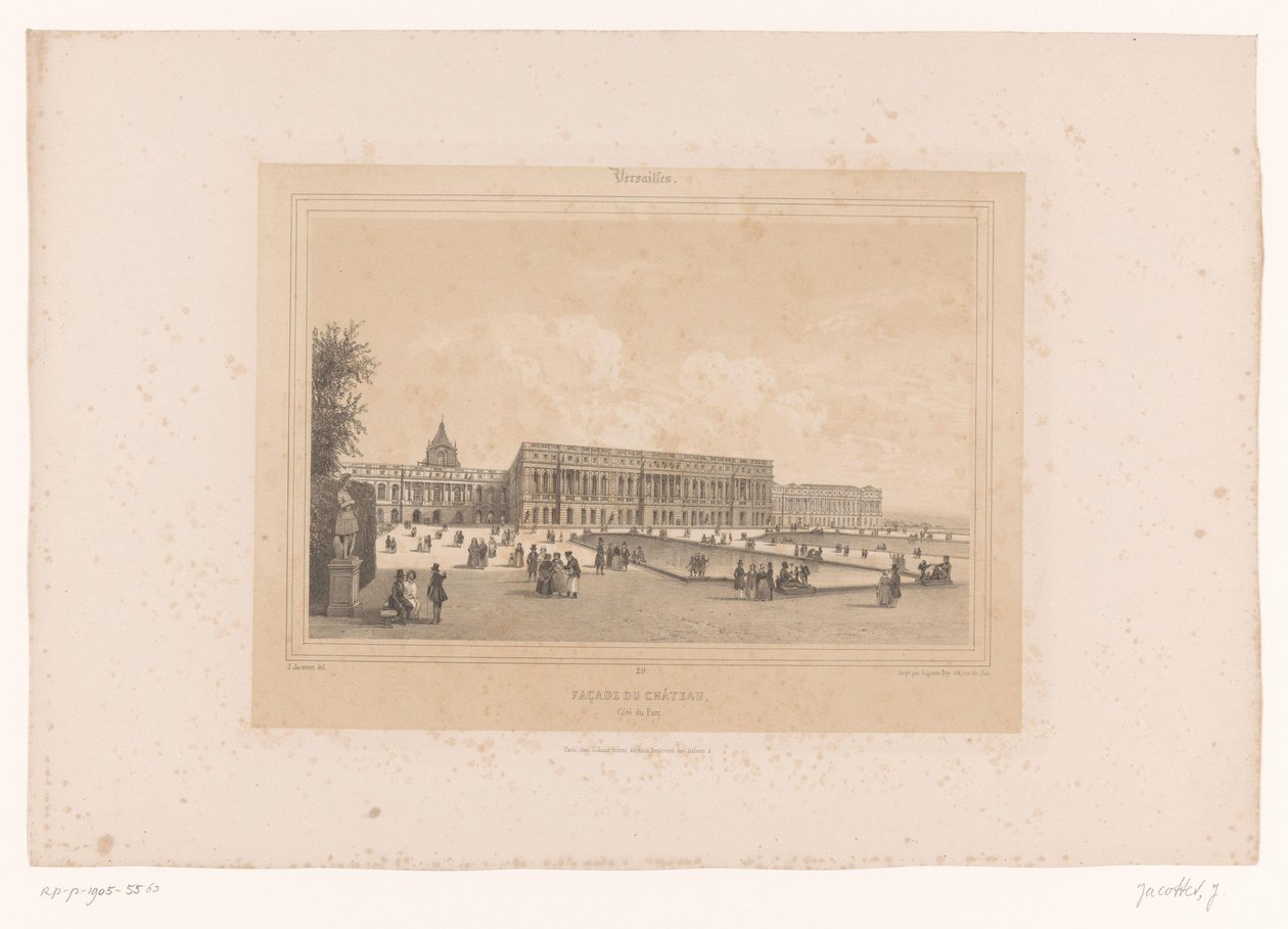 Udsigt over slottet i Versailles fra haven Facade du Château, Côté du Parc (titel på objekt) Ansigter i og omkring Paris (serietitel) Versailles (serietitel på objekt) af Louis Julien Jacottet