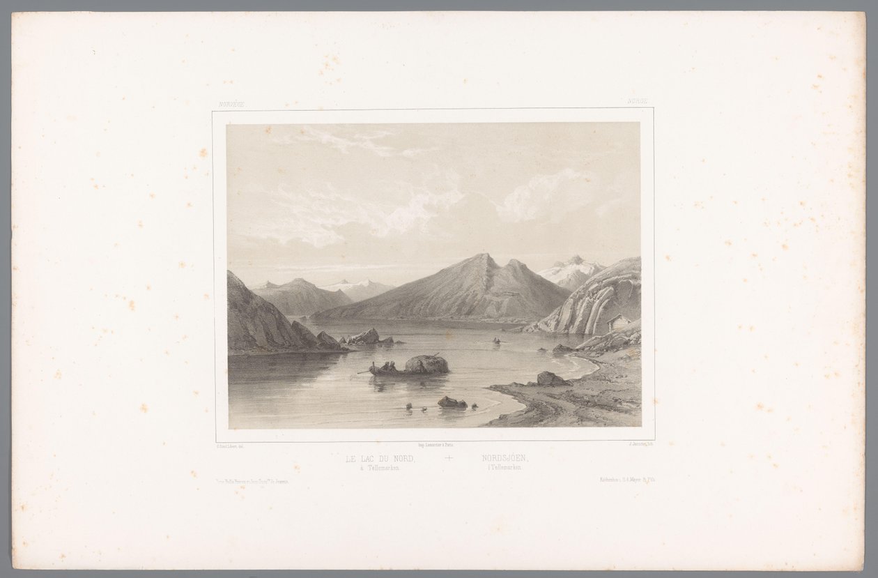 Udsigt over Norsjø i Telemark Le lac du Nord à Tellemarken / Nordsjóen i Tellemarken (titel på objekt) Faces in Scandinavia (serietitel) Vues du Nord. Norvege (serietitel) af Louis Julien Jacottet