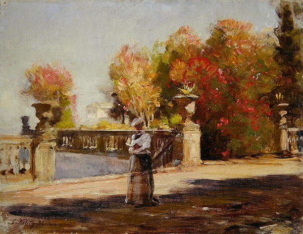 En dame læser på en solrig terrasse (olie på lærred) af Louis Kolitz