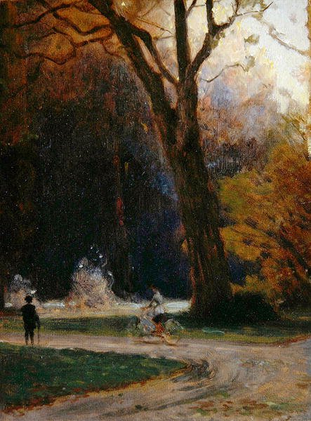 Cyklist i Karlsaue Park, Kassel (olie på pap) af Louis Kolitz