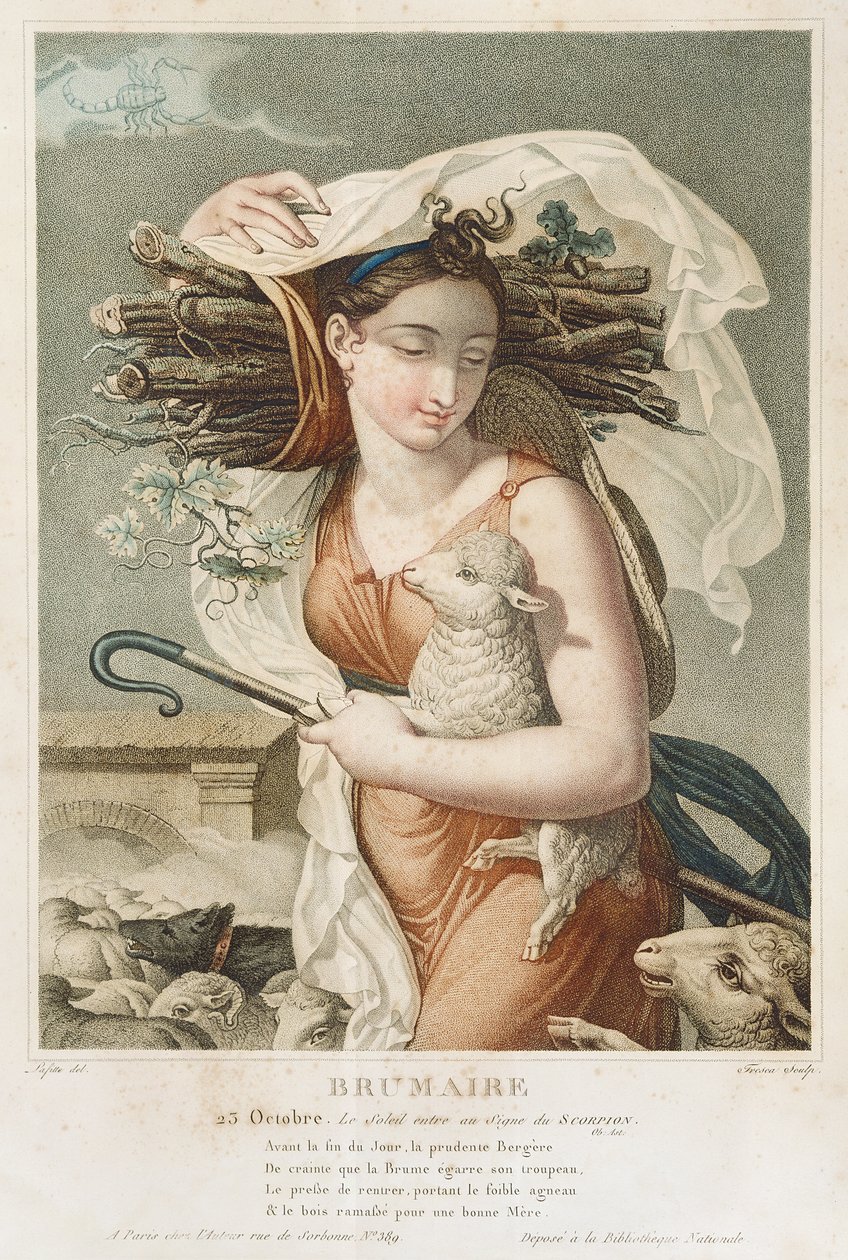 Brumaire (oktobernovember), anden måned i den republikanske kalender, indgraveret af Tresca, fransk, ca. 1794 (gravering) af Louis Lafitte