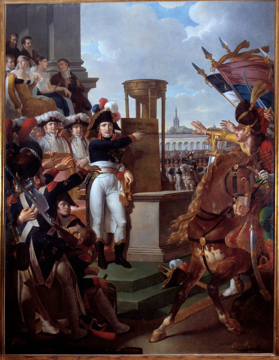 Napoleon Bonaparte (1769-1821) proklamerer Den Cisalpine Republik i Milano 9/07/1797 Maleri af Louis Lafitte (1770-1828) 1797 Søn. 2,52 x 3,34 m. Øen Aix, Napoleons museum af Louis Lafitte
