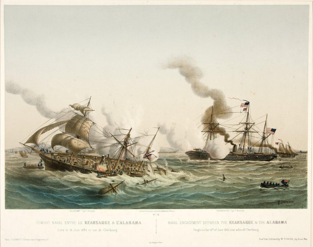 Combat Naval entre le Kearsage & l?Alabama,pub. 1864 (farvelitografi) af Louis Le Breton