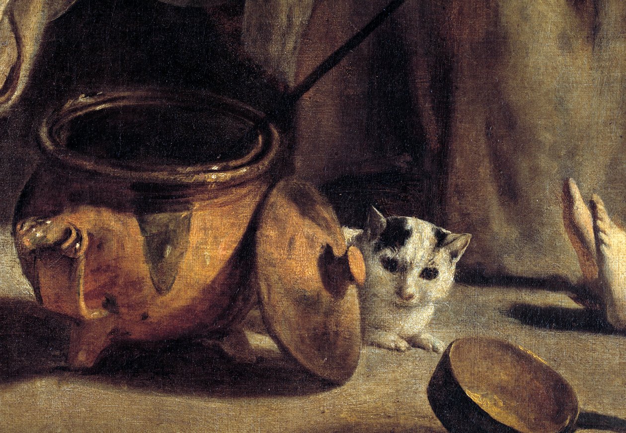 Familie af bønder i et interiør Detalje, der repræsenterer kat og kobberpotter. Maleri af Ludvig den Nain (1593-1648) 1600-tallet af Louis le Nain