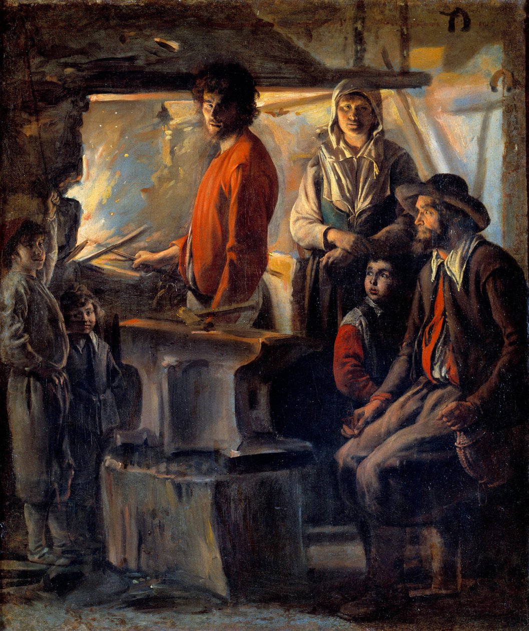 Smeden eller marekalen i sin smedje Marechaljernet og hans familie, ved siden af ham en ambolt. Maleri af Ludvig den Nain (1593-1648) 1600-tallet søn. 0,69x0,57 m af Louis le Nain