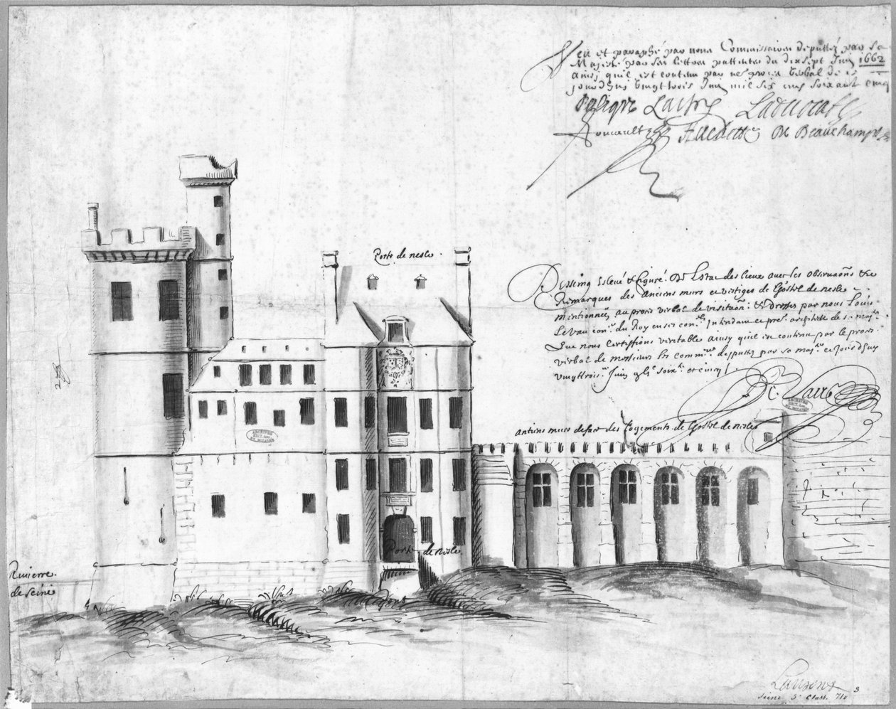 Facade af Porte og Hotel de Nesle, 1662 (pen og blæk og vask på papir) af Louis Le Vau