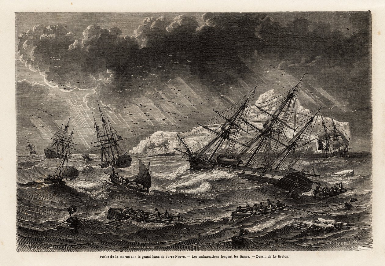 Torskefiskeriet på Grand Bank of Newfoundland følger bådene linjerne, tegnet af Lebreton, for at illustrere rejsen til Newfoundland i 1860 af A. de Gobineau. Indgravering i "" Le tour du monde"", redigeret af Edouard Charton af Louis Le Breton