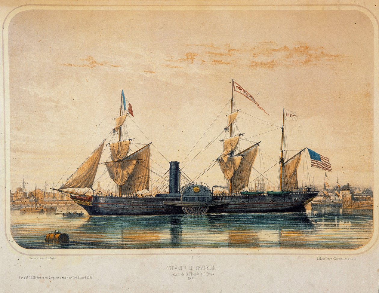 Steamer "" the Franklin""" i Florida Basin ved Le Havre. Tegning af Louis Lebreton (? - 1866) af Louis Le Breton