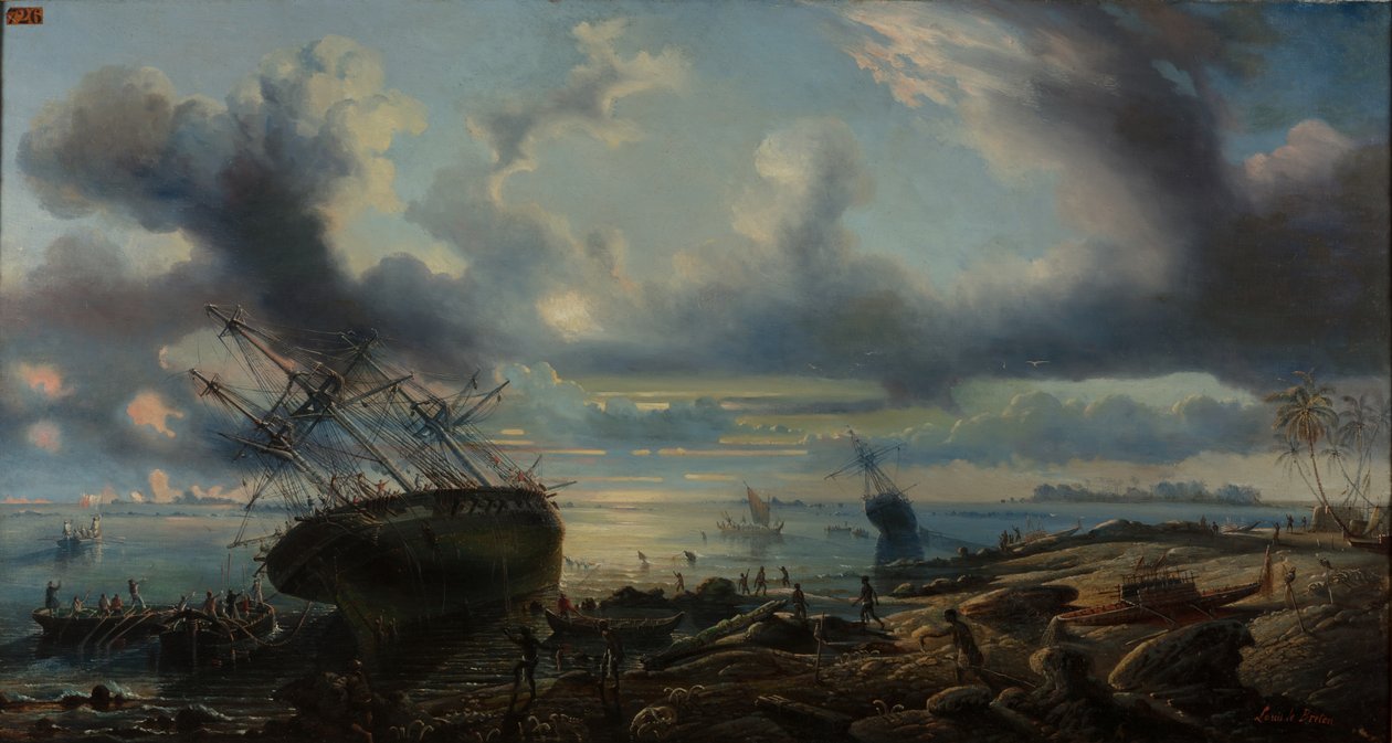 Korvetternes stranding i Mauvais-kanalen, Torresstrædet 1843 (olie på lærred) af Louis Lebreton