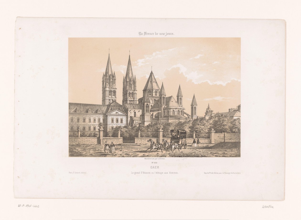 Zicht op de Abbaye aux Hommes met de Saint-Étienne Church te Caen Caen. Den store Etienne eller Menneskenes Abbey (titel på objektet) Hedendaags Frankrijk (serietitel) Frankrig i dag (serietitel på objekt) af Louis Le Breton