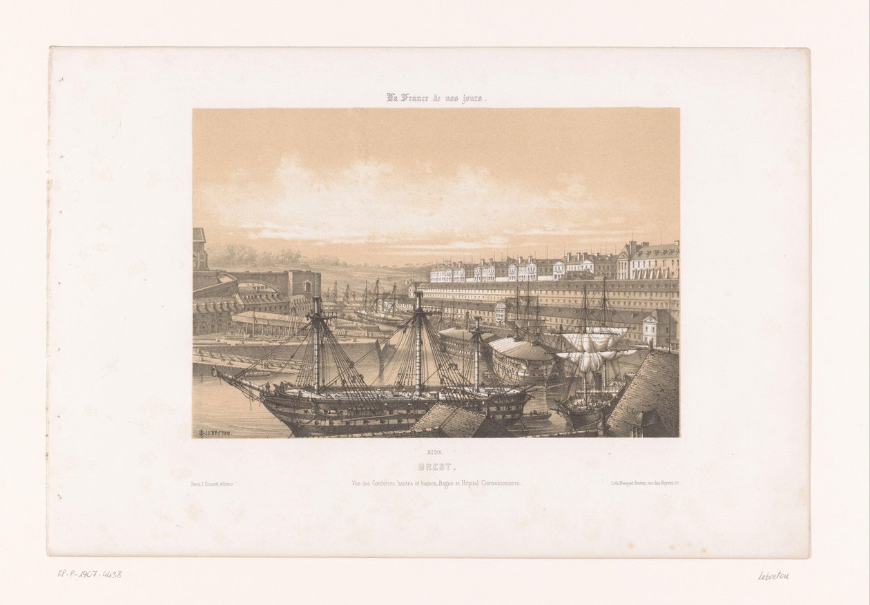 Udsigt over Arsenal ved havnen i Brest brest. Vue des Corderies hautes et basses, Bagne og Hôpital Clermontonnerre (titel på objektet) Contemporary France (serietitel) La France de nos jours (serietitel på objekt) af Louis Le Breton