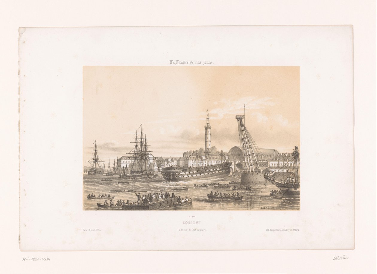 Udsigt over arsenalet i havnen i Lorient Lorient. Intérieur du Port Military (titel på objekt) Contemporary France (serietitel) La France de Nos Jours (serietitel på objekt) af Louis Le Breton