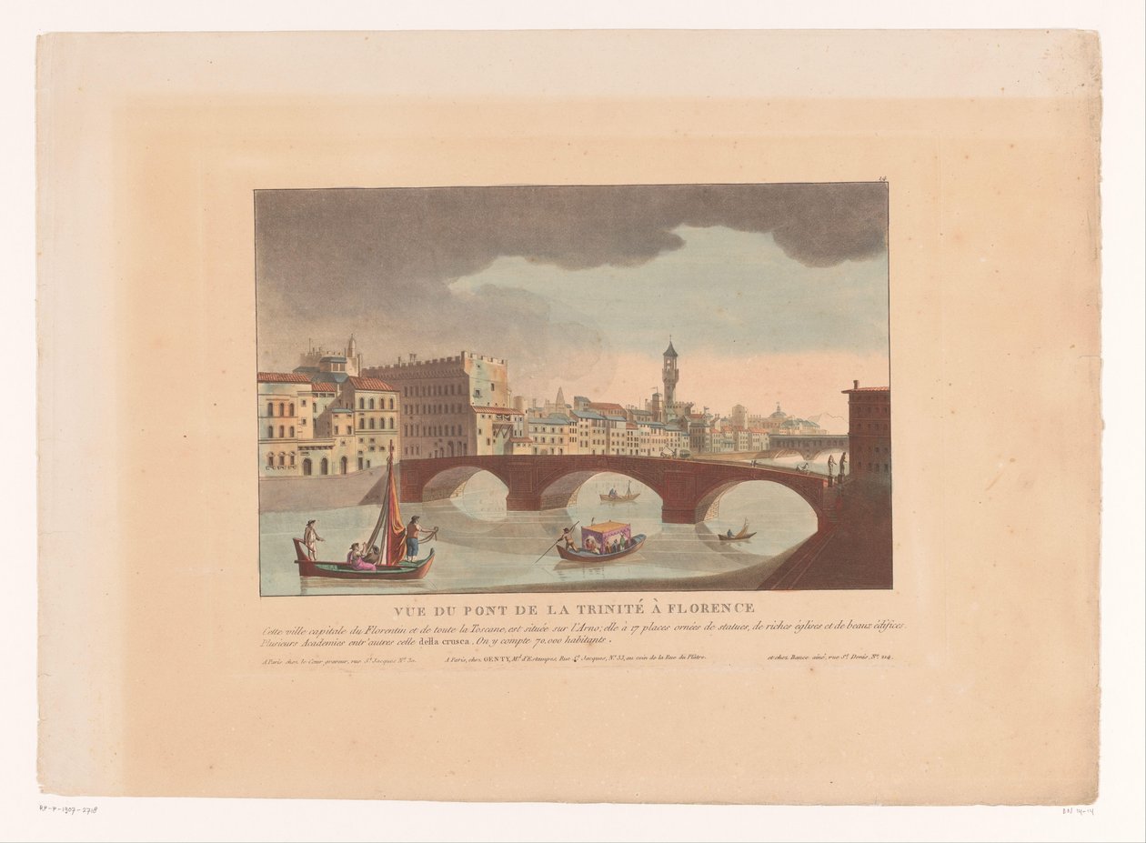 Udsigt over Ponte Santa Trinita i Firenze Vue du Pont de la Trinité i Firenze (titel på objekt) Bybilleder i Italien, Spanien og Egypten (serietitel) af Louis Lecoeur