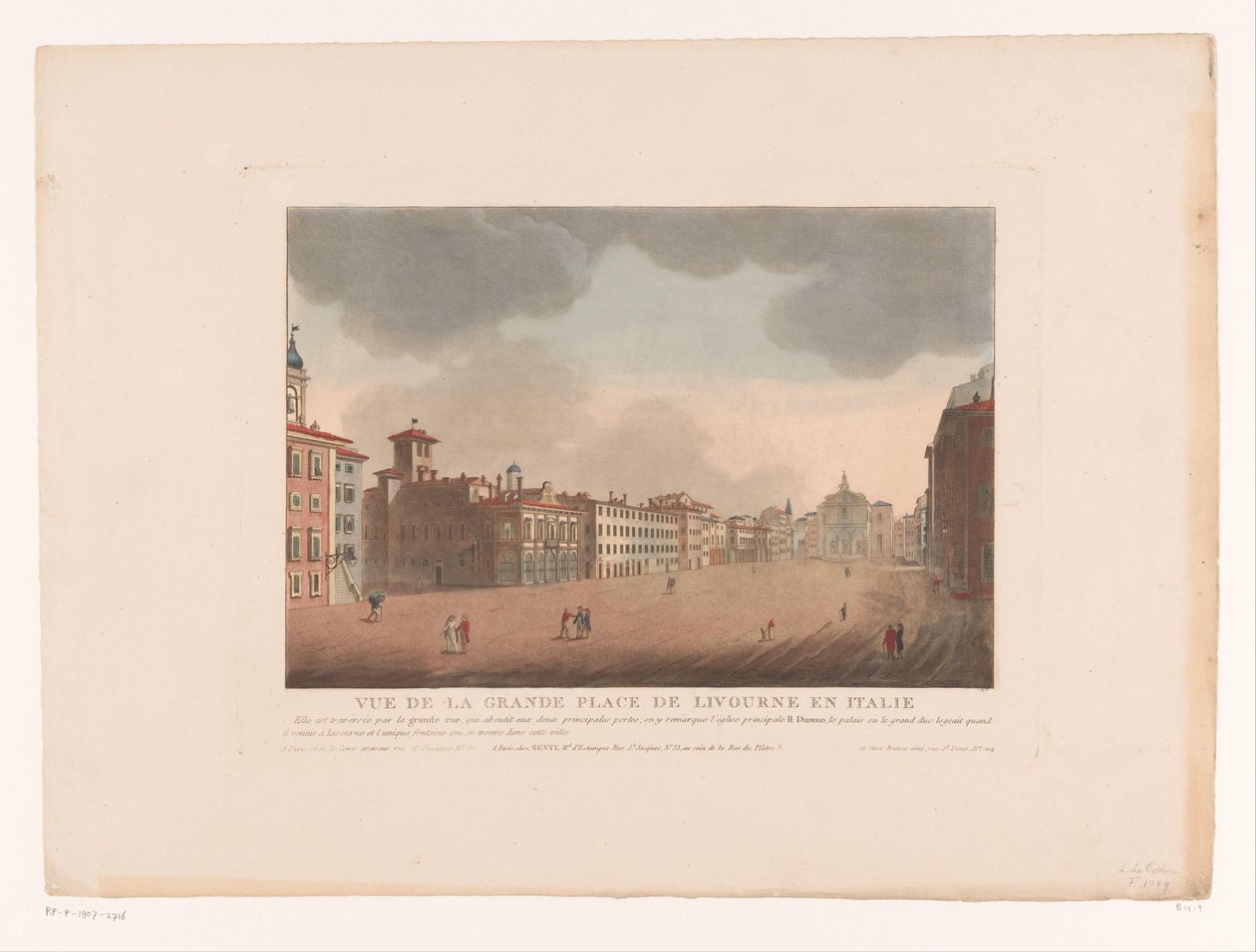 Udsigt over Piazza Grande i Livorno Vue de la Grande Place de Livourne en Italien (titel på objekt) Bybilleder i Italien, Spanien og Egypten (serietitel) af Louis Lecoeur