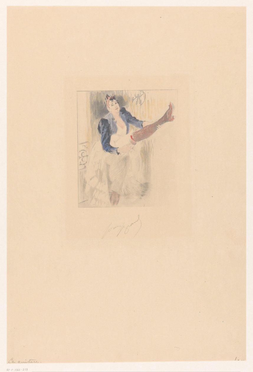 Cancan Dancer Guitar spiller på hendes ben La Guitare (titel på objekt) af Louis Legrand (signed by artist)