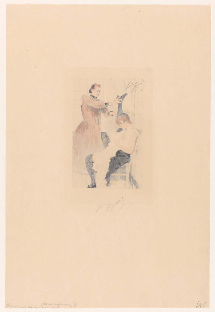 Cancan-danser sidder på en stol, mens han laver en fleksibilitetsøvelse Brisement assis (avec professeur) (titel på objekt) af Louis Legrand (signed by artist)