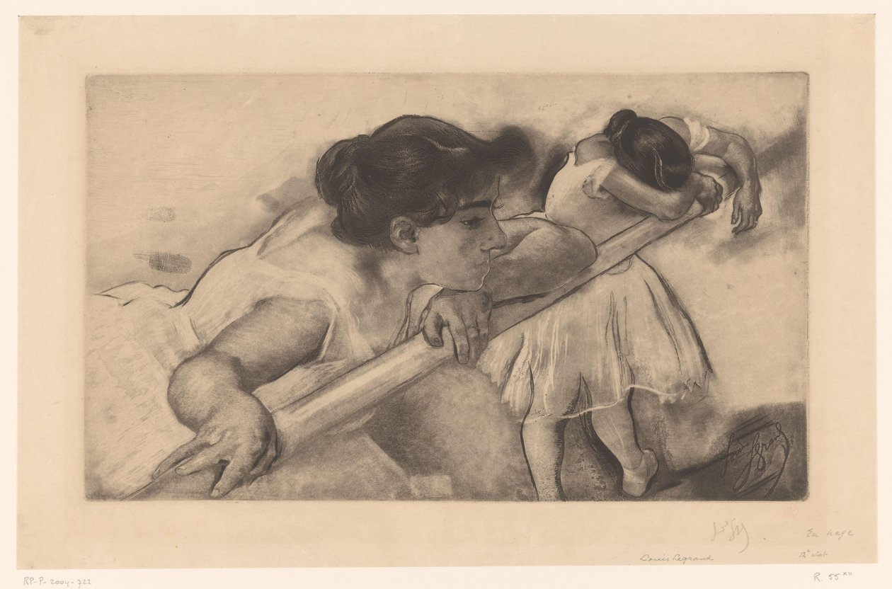 To ballerinaer ved en ballet barre En nage (titel på objekt) Unge ballerinaer (serietitel) Les Petites du ballet (serietitel) af Louis Legrand (signed by artist)
