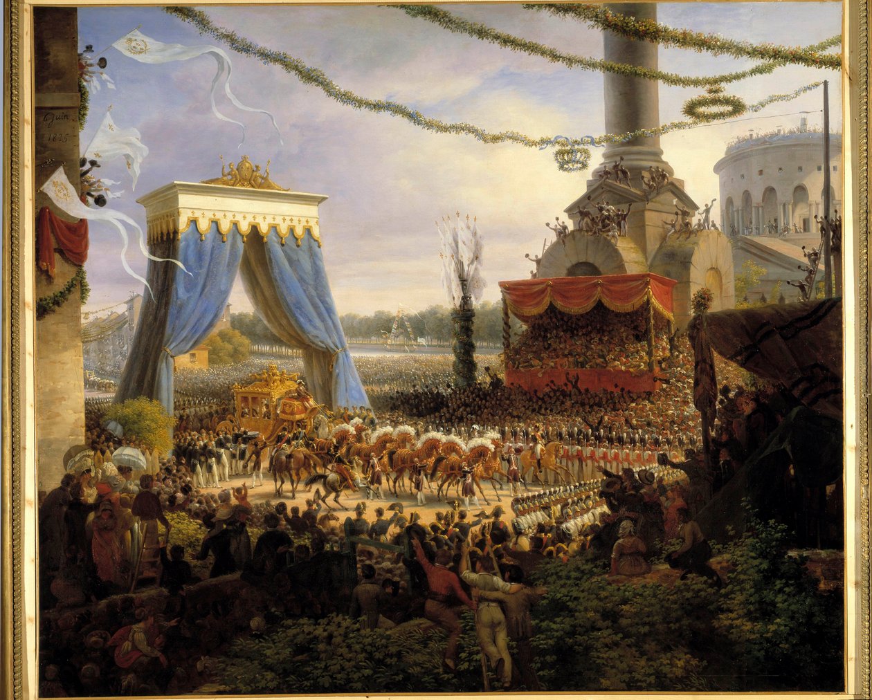 Entre de Charles X à Paris efter kroningen den 6/06/1825. Den kongelige vogn blev hilst velkommen ved Barriere de la Villette af det kommunale organ i Paris med i spidsen præfekten af departementet Seinen, greven af Chabrol Maleri af Louis Fra af Louis Lejeune
