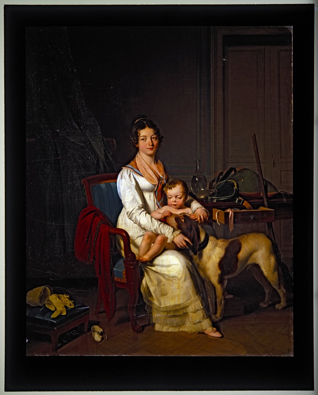 En ung dame med et barn og en hund i et interiør, udateret (på lærred) af Louis Leopold Boilly