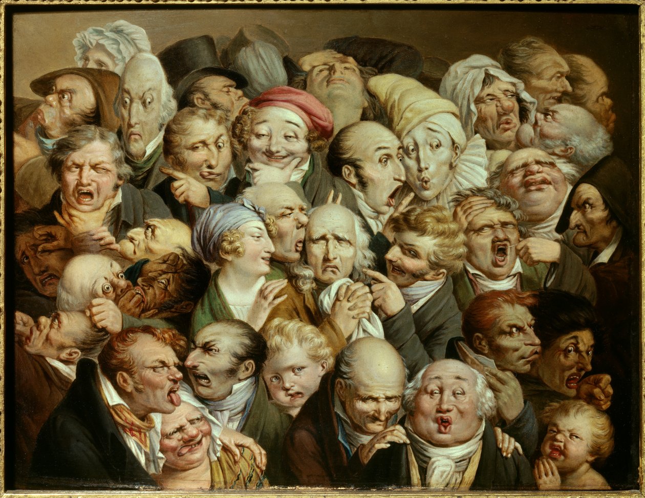 Karikatur: række latterlige udtryk "" genforening af 35 udtrykshoveder"" Maleri af Louis Leopold Boilly (1761-1845) ca. 1825 Olie på træ Dim. 0,19x0,25 m Tourcoing, musee des Beaux Arts - Genforening af 35 ansigtsudtryk. Tegneserie: undersøgelser af r af Louis Leopold Boilly