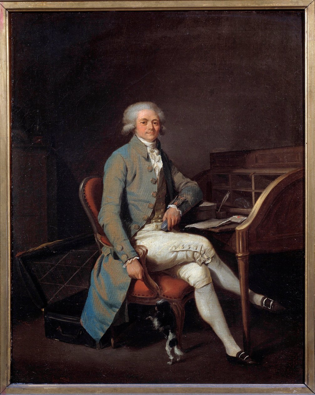 Fransk revolution: "" Portræt i fuld længde af Maximilien Robespierre (1758-1794) ved hans skrivebord"" Maleri af Louis Leopold Boilly (1761-1845) 1789, 41 x 32,5 cm - Lille, Musée des Beaux Arts - Fransk revolution: Fuld -længdeportræt af Maximilien Robes af Louis Leopold Boilly