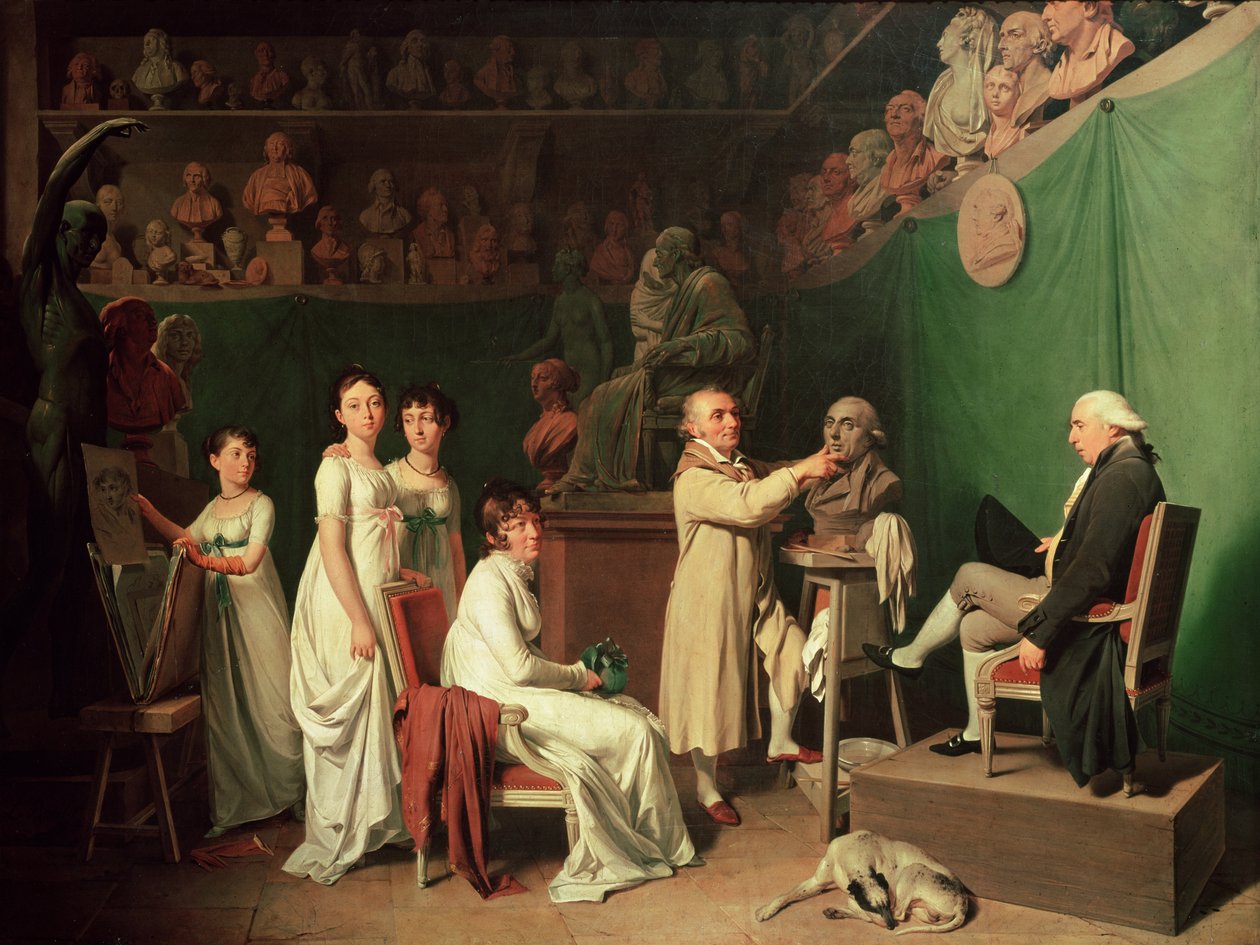 Jean Antoine Houdon (1741-1828) Skulpterer Pierre Simons buste (1749-1827) Marquis de Laplace i nærværelse af hans kone og døtre, 1804 af Louis Leopold Boilly