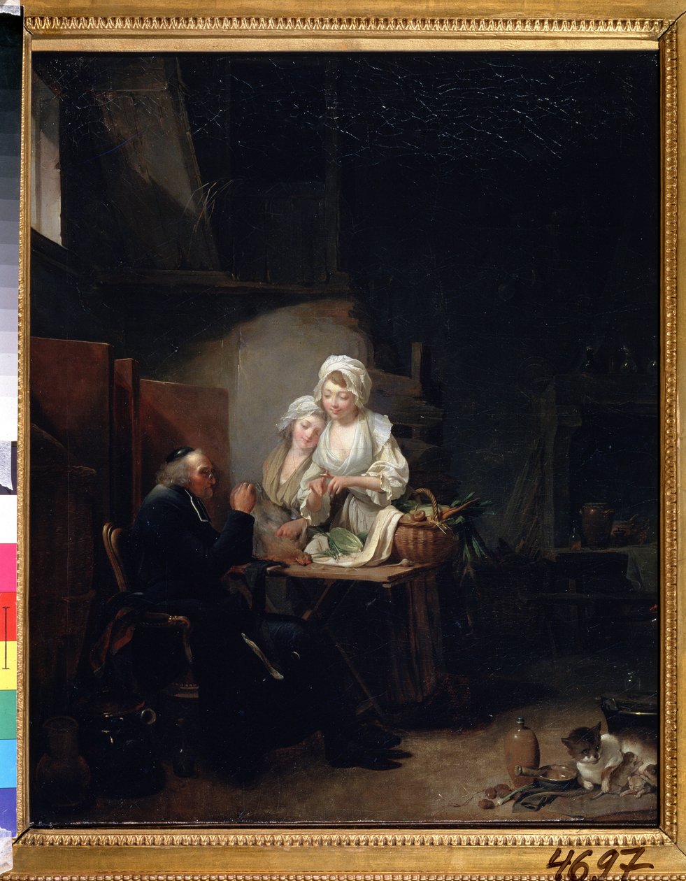 ""Den gamle præst"" (en gammel præst) To kvinder hjælper en gammel præst i køkkenet. Maleri af Louis-Leopold (Louis Leopold) Boilly (1761-1845) 1785-1800 Pushkin Museum, Moskva af Louis Leopold Boilly