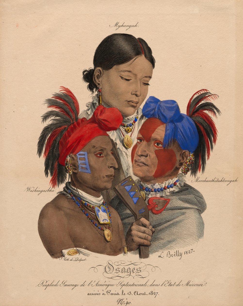 Osage-indianere: Mohongo, Washingsabba (eller Black Bird) og Big Soldier af Louis Leopold Boilly