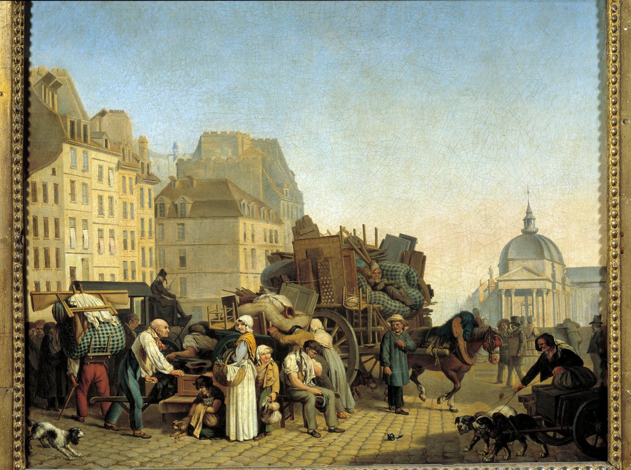 Parisiske udskiftninger under et skift af bolig læsser en vogn med forretninger og møbler i en gade i Paris. Maleri af Louis Leopold Boilly (1761-1845). 1840 Paris, Musee Cognacq Jay af Louis Leopold Boilly