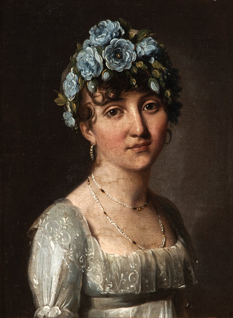 Portræt af baronesse Mesgrigny, født Berthelot de Rambuteau (Portræt af en ung kvinde med blå blomster) af Louis Leopold Boilly