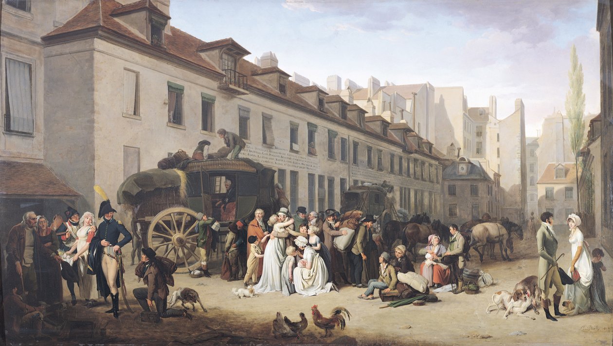 Ankomsten af ​​en diligence ved endestationen, rue Notre-Dame-des-Victoires, Paris af Louis Leopold Boilly