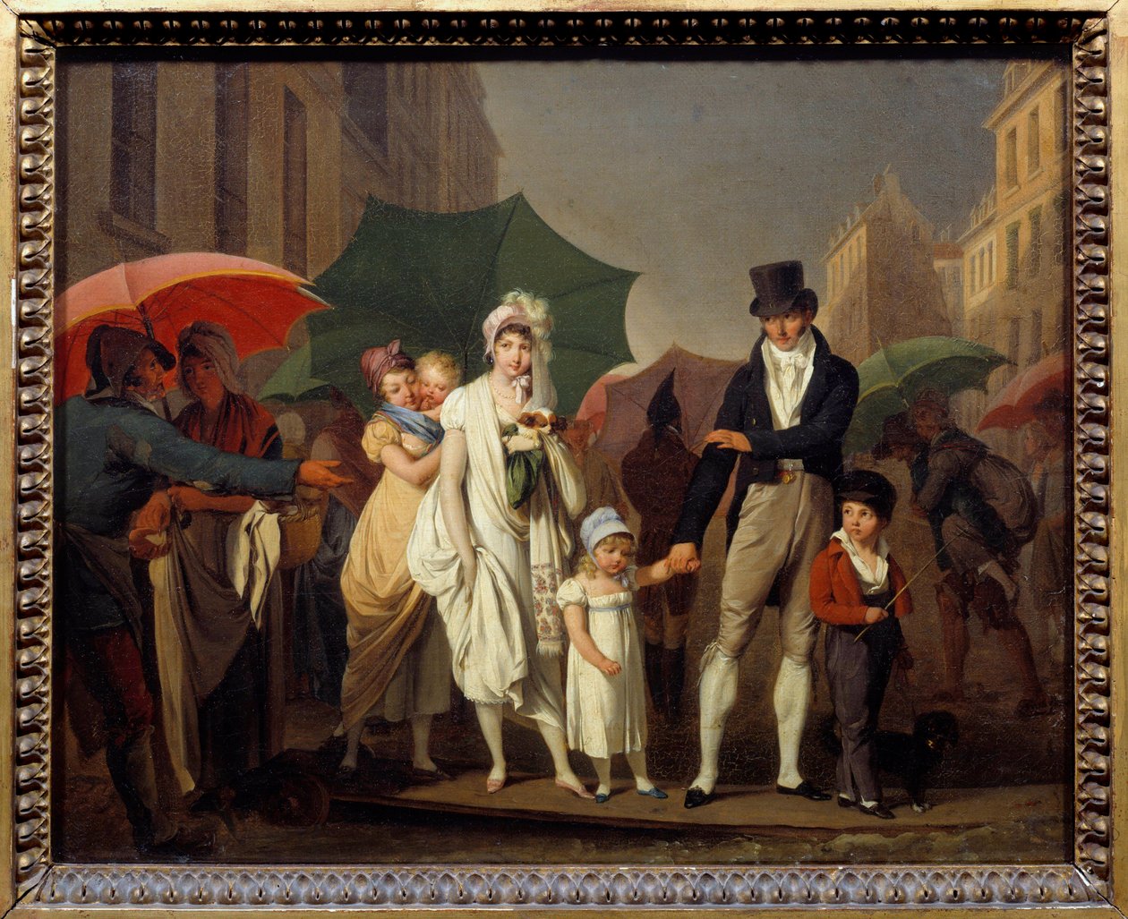 Bourgeois-bruserne på Parisisk Premier Empire-mode beskytter sig selv mod regnen. Maleri af Louis leopold Boilly (1761-1845) 1800-tallet søn. 0,32x0,4 m - Regnen. Parisere borgerlige klædt i First Empire mode beskytter sig selv fr af Louis Leopold Boilly