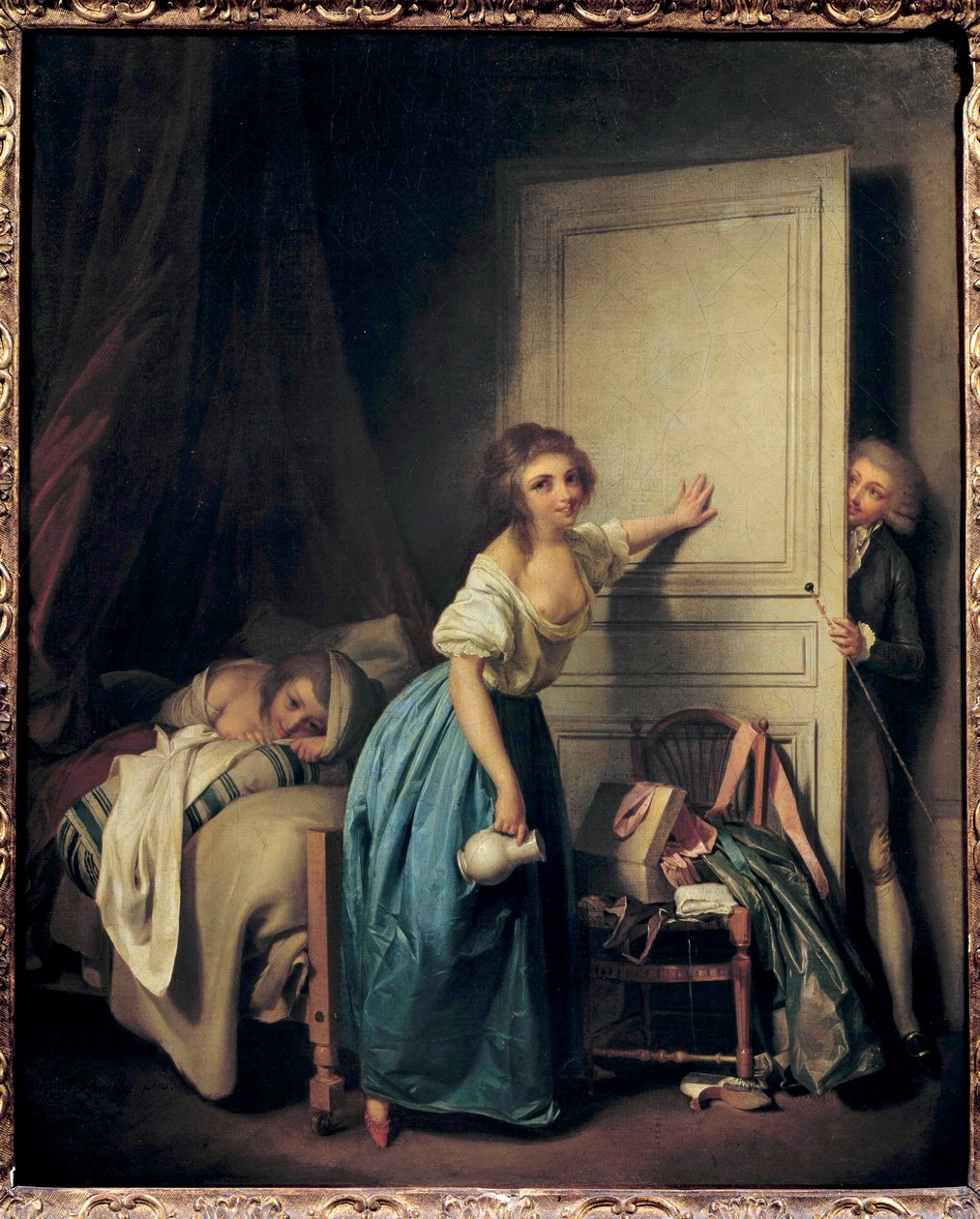 Den nysgerrige En nysgerrig voyeur, der spionerer på to små piger. Maleri af Louis Leopold Boilly (1761-1845). 1700-tallet. Paris. Musee Cognacq Jay af Louis Leopold Boilly