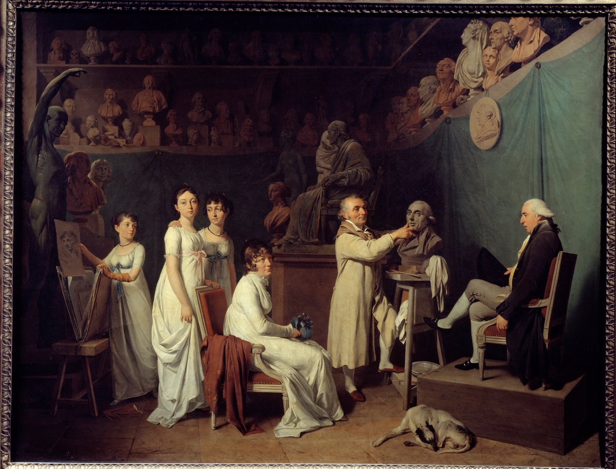 Billedhugger Jean Baptiste Houdons værksted (1741-1828). Billedhuggerens model var matematikeren Pierre-Simon Laplace (1749-1827) Marquis de Laplace i nærværelse af hans kone og døtre. Maleri af Louis Leopold Boilly (1761-1845) 1804 Paris, De af Louis Leopold Boilly