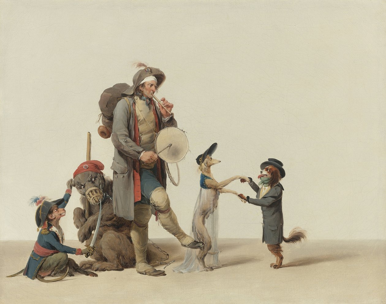 En dyretræner med dansende hunde, en bjørn og en abe af Boilly, Louis-Leopold (1761-1845). Olie på lærred, størrelse: 32,4x40,6 cm - Privat samling af Louis Leopold Boilly