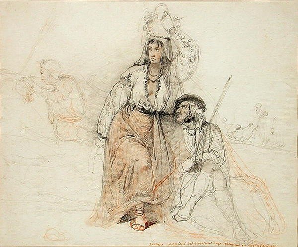 Kvinde, der bringer proviant til bohemer og brigander (blyant og rødt kridt på papir) af Louis Leopold Robert