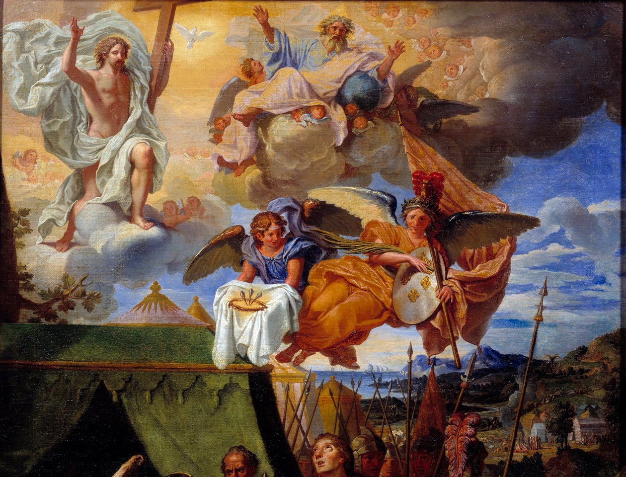 Kong Ludvig IX (Saint Louis) (1214-1270) tog sig af sine soldater Detalje, der repræsenterer Gud og engle. Maleri af Louis Licherie de Bury (1629-1687) Rouen fra det 17. århundrede, Musee des Beaux Arts af Louis Licherie de Beurie