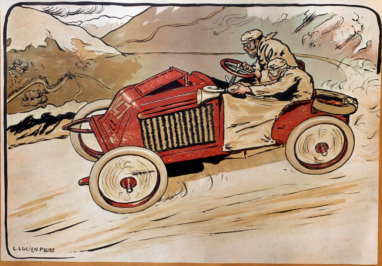 Automobil: en racerbil. Marcel Renault (1872-1903) og Rene Vauthier krydser Alperne under løbet PARIS-VIENNA i 1902 i bil 147. Litografi af Louis Lucien Faure Dujarric (1872-?), 20. århundrede. Conservatoire national des Arts et Metiers, Paris af Louis Lucien Faure Dujarric