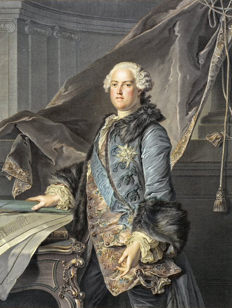 Abel Francois Poisson de Vandieres (1727-81) Marquis de Marigny - Direktør for kongens bygninger; bror til Madame de Pompadour - Portræt af Abel-Francois (Abel Francois) Poisson, monsieur de Vandieres, Marquis de Marigny, generaldirektør for Batim af Louis M. (after) Tocque