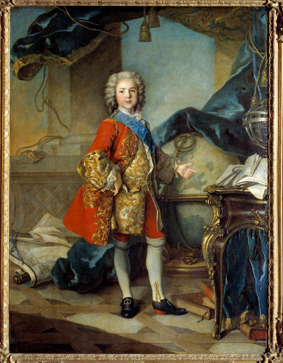 Portræt i fuld længde af Dauphin Louis de France (1729 - 1765), søn af Louis XV, i hans studiestudie. Maleri af Louis Tocque (1696 - 1772) af Louis Tocqué