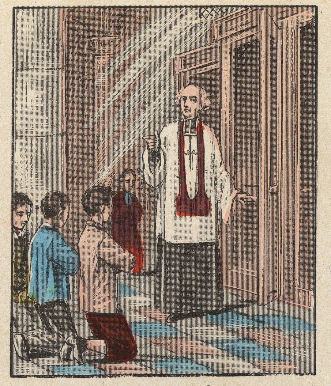Forberedelse premiere nadver - Katekismus - (Første nadver) Første nadver forberedelse - - Indgravering fra “Religionslære ved øjnene. Wonderful Album” af Louis Maitrejean og Georget Ramond - Frankrig 1910 af Louis Maitrejean
