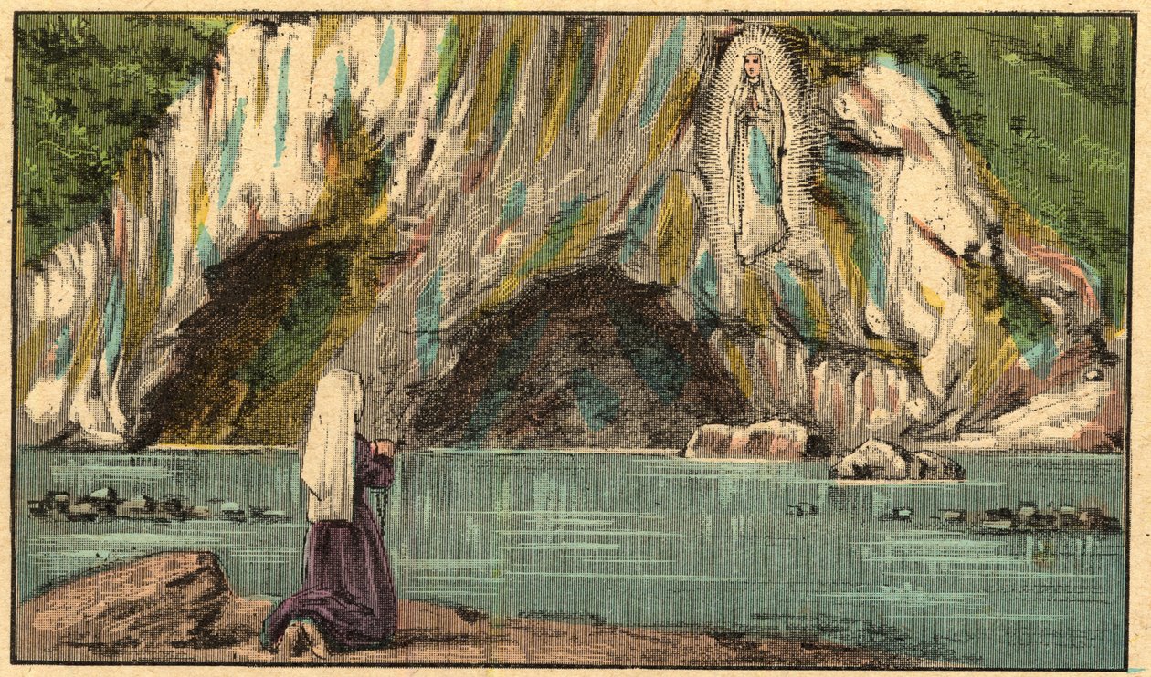 Jomfru Marias tilsynekomst i Lourdes - Jomfruen viser sig for Bernadette Soubirous (1844-1879) i Lourdes i 1858 - - Indgravering fra “” Religiøs lære ved øjnene. Wonderful Album” af Louis Maitrejean og Georget Ramond - Frankrig 1910 af Louis Maitrejean