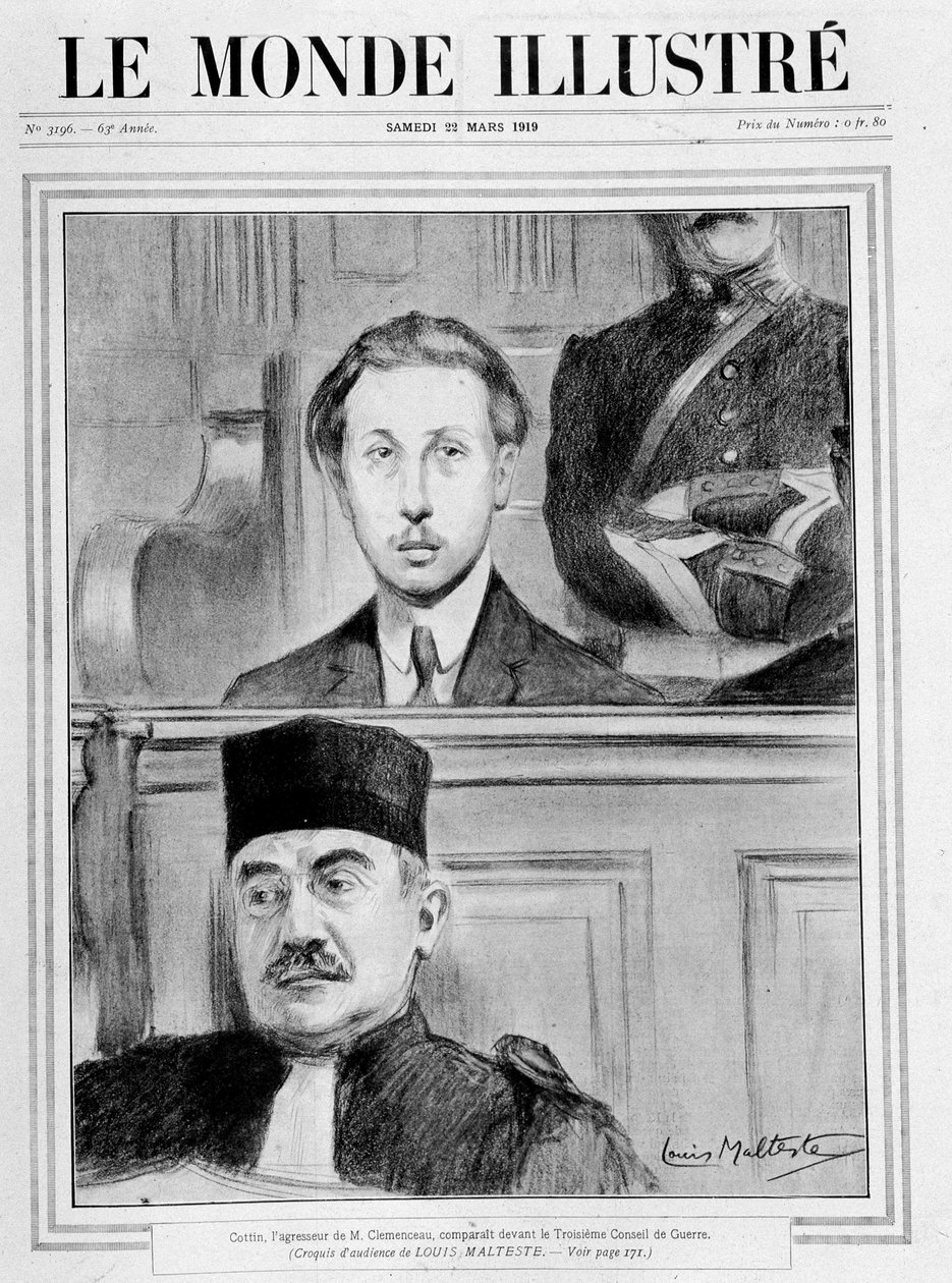 Domsscene. "" Eugene Cottin, Georges Benjamin Clemenceaus aggressor, dukkede op før det 3. krigsråd"" (skitse af publikum af Louis Malteste) - i "" Le Monde Illustré"" af 15/02/1919 af Louis Malteste