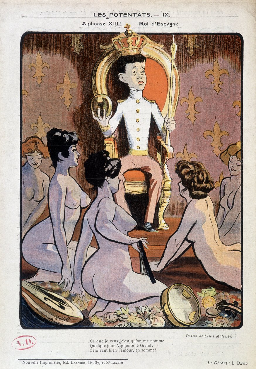 Portrætladning af Alfonso XIII, konge af Spanien, på sin trone og omgivet af nøgne kvinder - tegning af Louis Malteste, i "La Vie en Rose"" 21/9/1902. af Louis Malteste