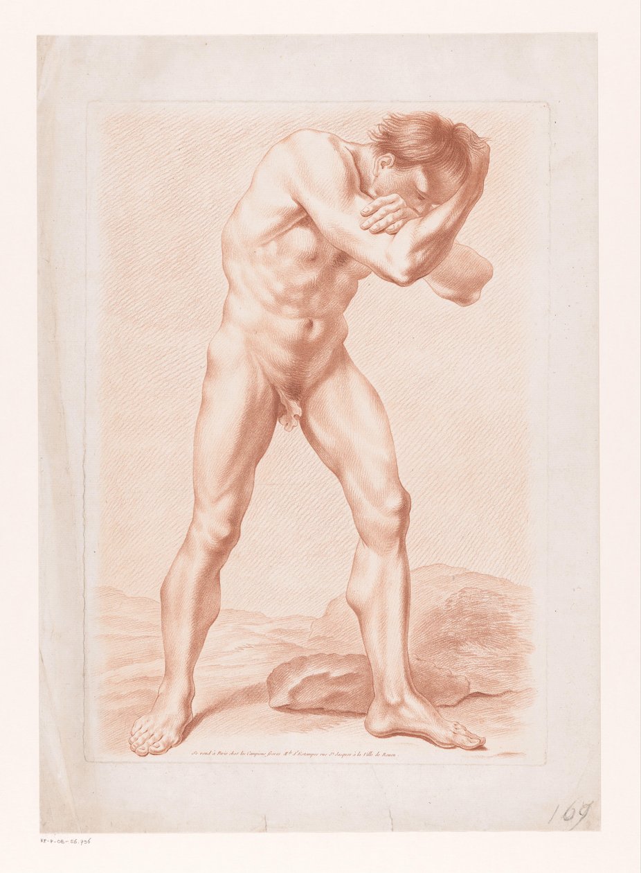 Stående nøgen mand med armene foldet om hovedet af Louis Marin Bonnet (attributed to)