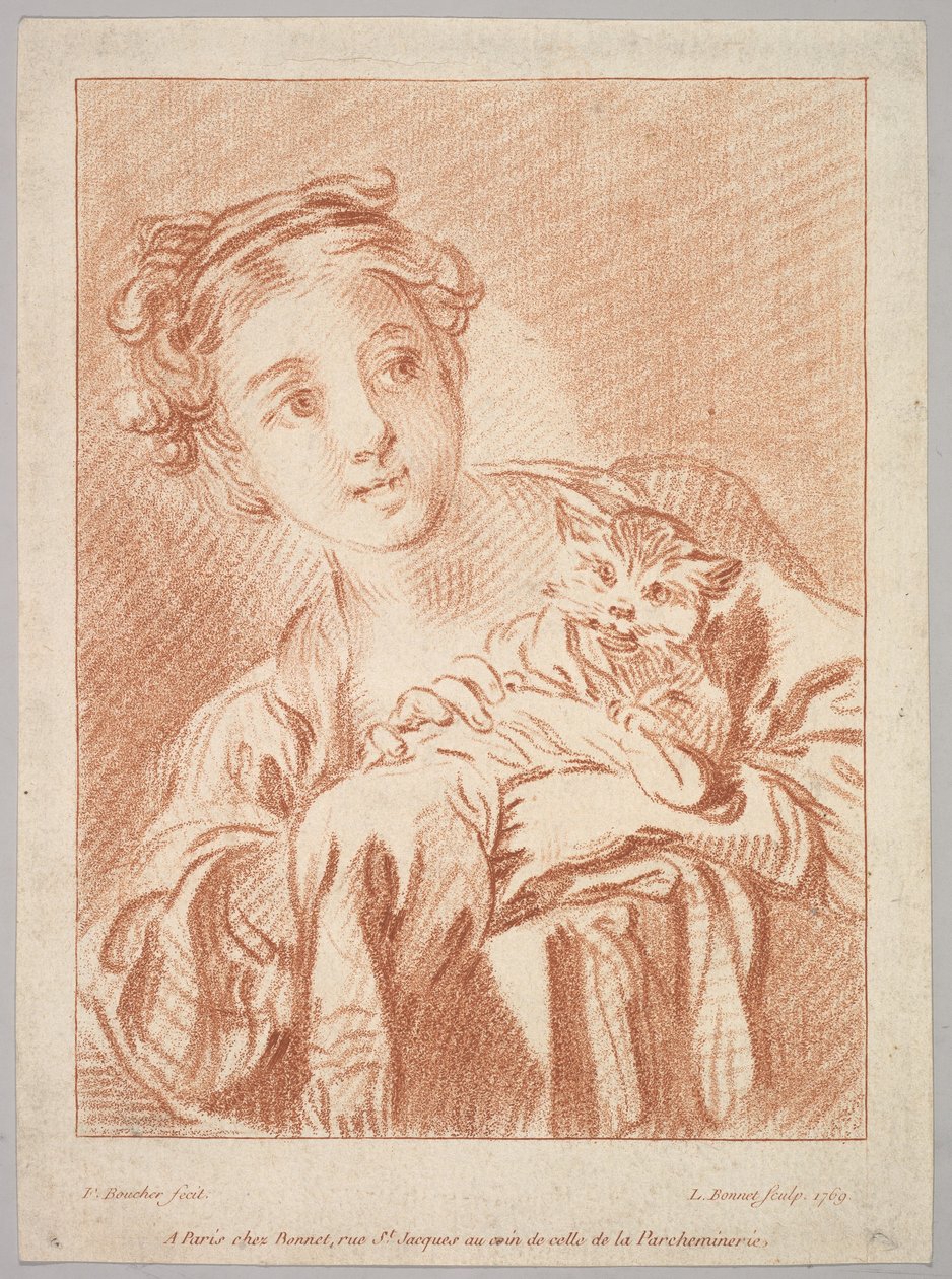 En ung pige, der holder en kat, 1769. af Louis Marin Bonnet