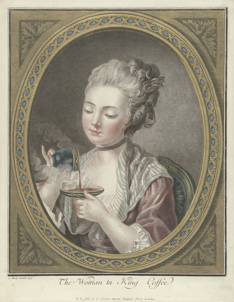Buste af en ung kvinde, der drikker kaffe The Woman ta King Coffee (titel på objekt) af Louis Marin Bonnet